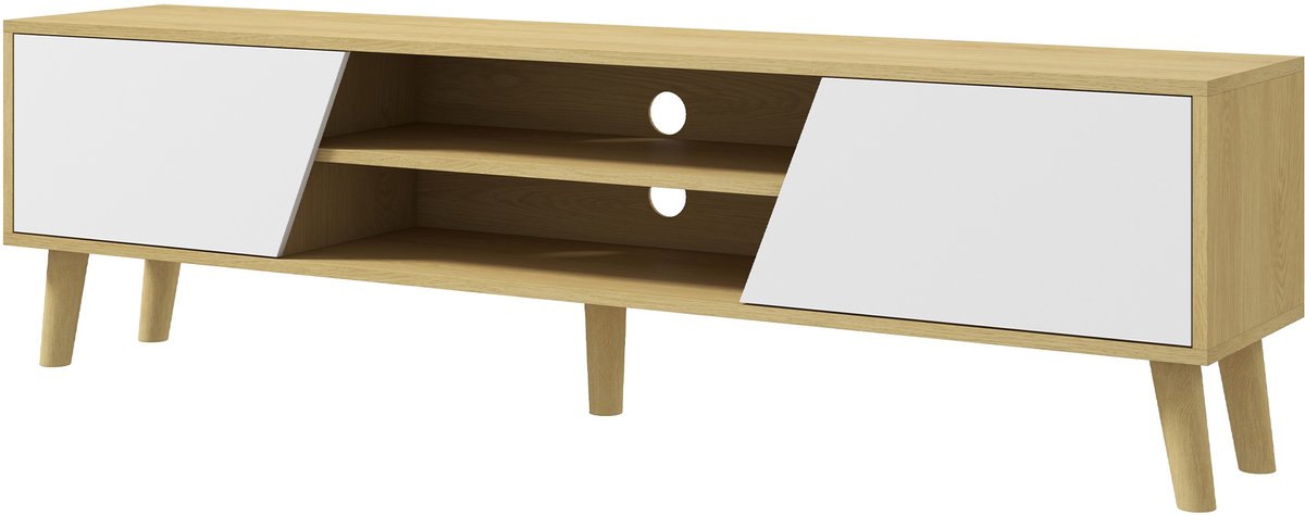 TV-bank voor televisies tot 65 inch, Scandinavisch design, 2 deuren, 2 nissen met kabeldoorvoer, houtlook en wit, 150 x 30 x 42 cm