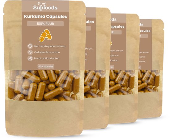 Vier bruine verpakkingen met Kurkuma Capsules, 60 capsules per verpakking, met zicht op de gele capsules.