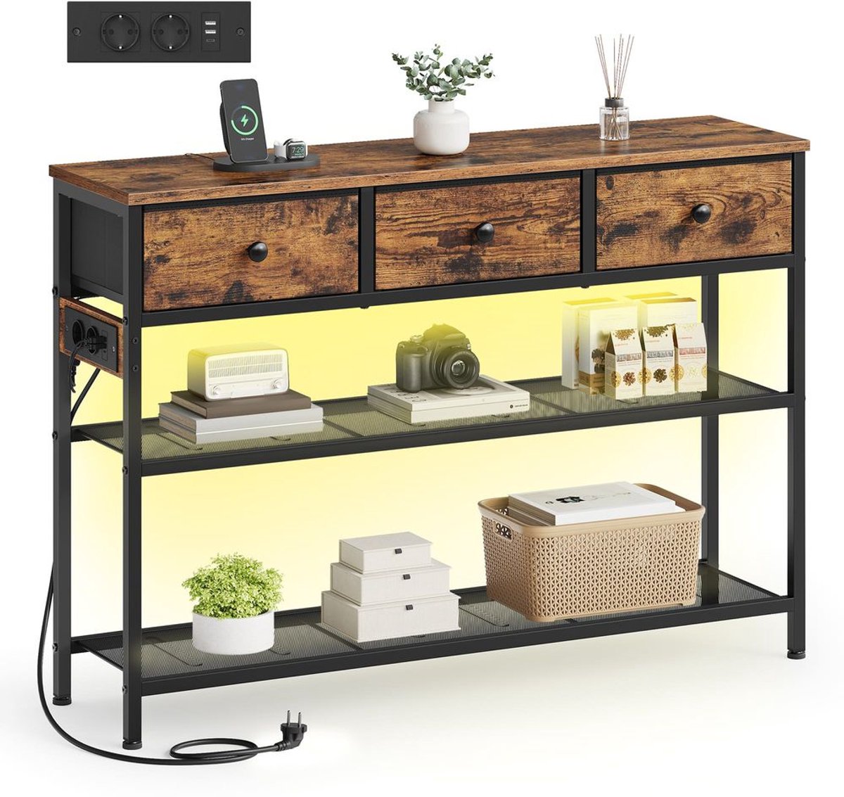 Homesy Sidetable met Stopcontacten en LED, 3 Lades en 3 Niveaus