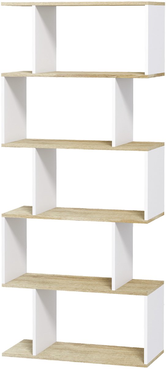 S-vormige boekenkast, opbergkast met 5 planken, kantelbeveiliging, draagvermogen 25 kg, houtnerf en wit