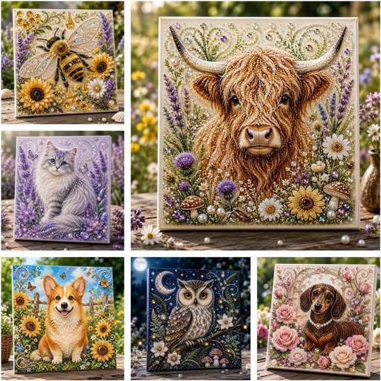 Un tableau d'abeille avec tournesols, un tableau de Highland cattle avec lavande et champignons, un tableau de chat avec lavande, un tableau de corgi avec tournesols et papillons, un tableau de hibou avec lune et champignons, et un tableau de teckel avec roses.