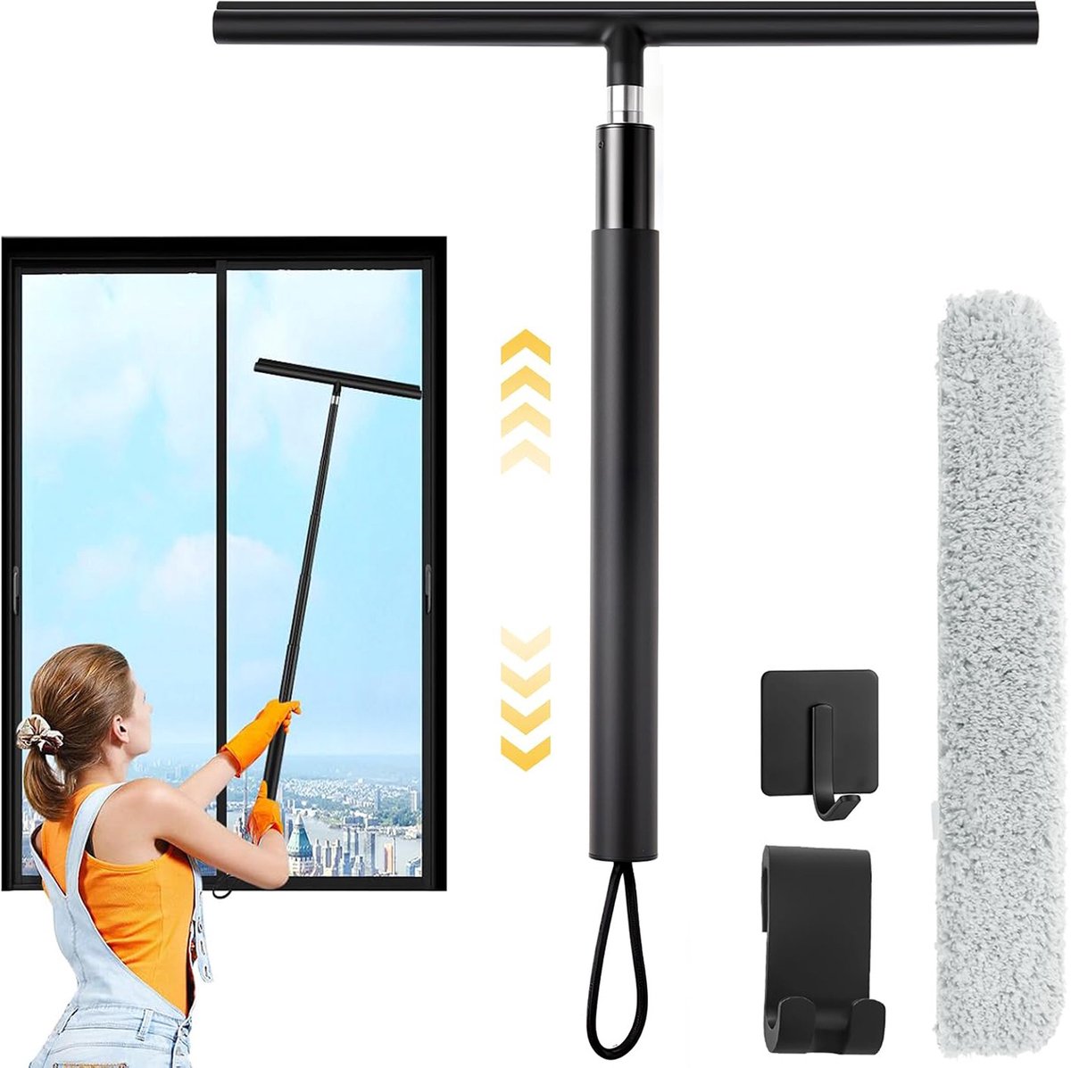 Namajunas - Vloerwisser met Steel - Vloertrekker - Douchetrekker - Telescopische Steel 33-146 cm - Flexibele Waterschuiver 32 cm - Badkamerwisser met Doekhoes & Houder - Voor Douche, Badkamer, Tegels & Ramen
