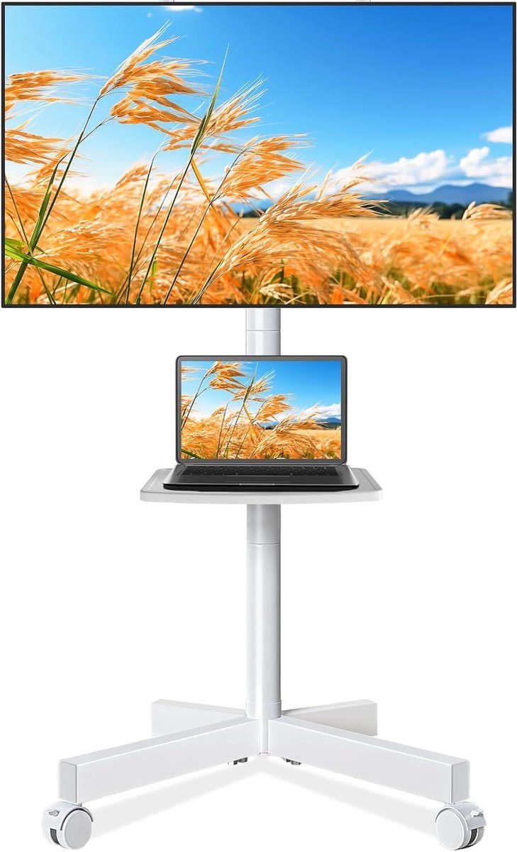 Verrijdbare TV Standaard - Mobiele TV Kar - Flexibel TV Kijken - Hoogte Verstelbaar - 27-60 Inch - Wit