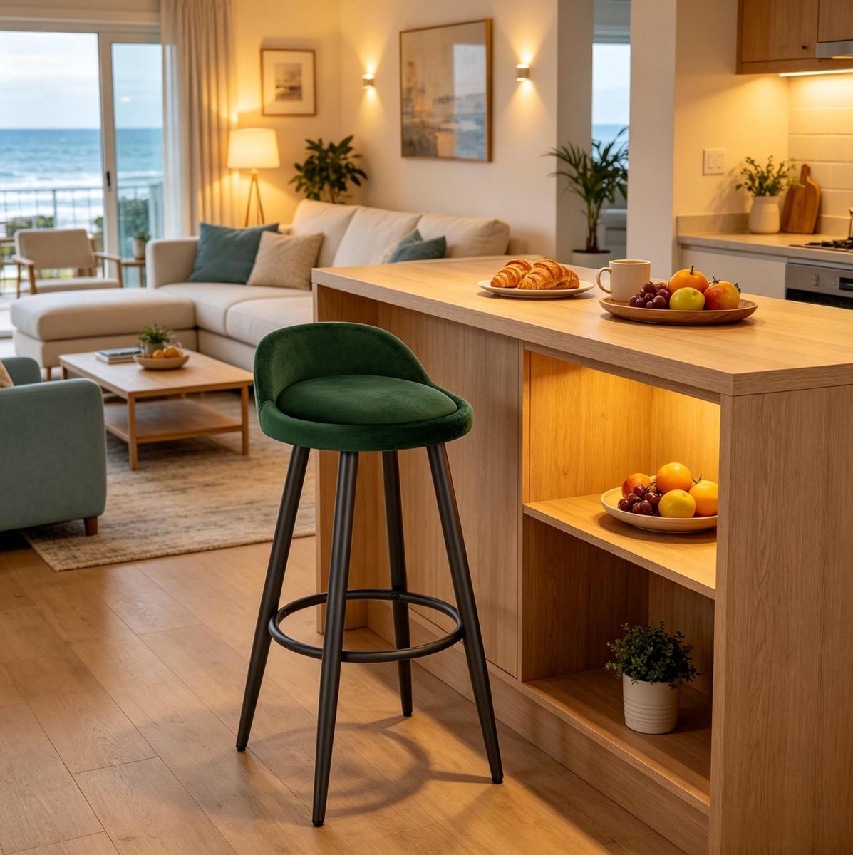 DESMIU Barkruk 78,5 Cm - Comfortabele Velvet Barkruk Met Rugleuning En Voetensteun - Voor Keuken Eiland En Bar - Metaal En Hout - Donkergroen