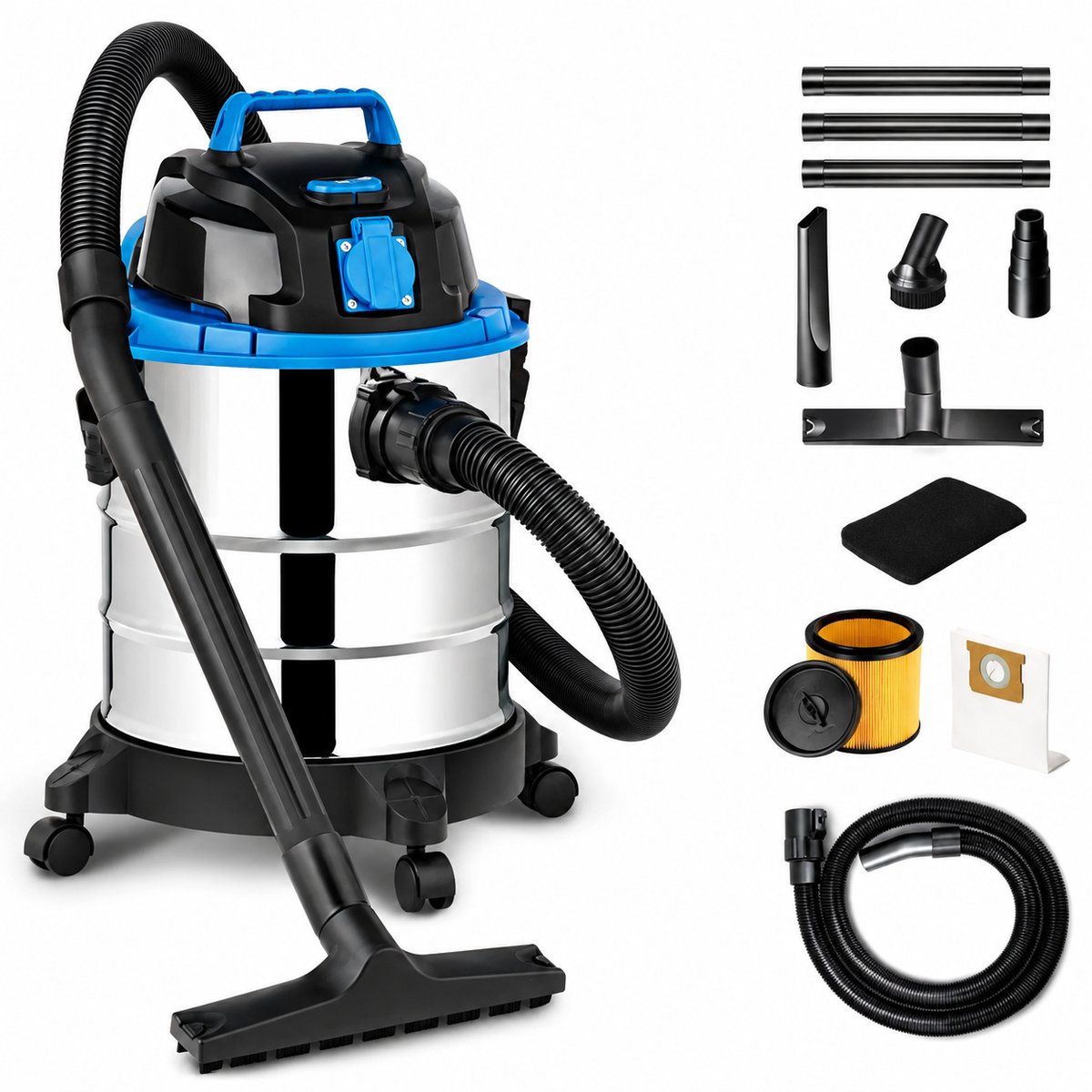 Nat-Droogzuiger 3-in-1 1250W – 20L RVS Tank – 18 kPa – Blaasfunctie en Stopcontact