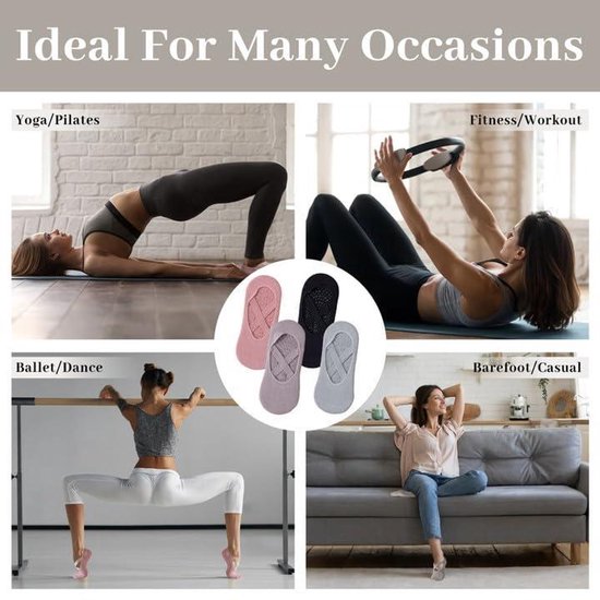 Antislip yogasokken - set van 4 paar - damesmodel (pilates- & balletstijl) - ademend katoen - met antislipnoppen - geschikt voor pilates & barre-Zwart + Leigrijs + Mauve + Lichtpaars — afbeelding 5
