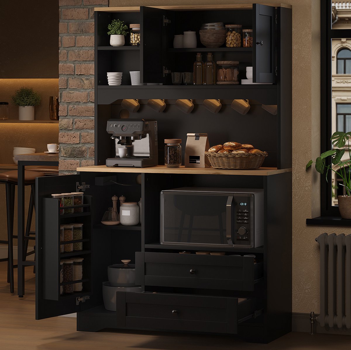 COVREO Keukenkast 100x40x163 cm zwart MDF, met LED en microgolfvak