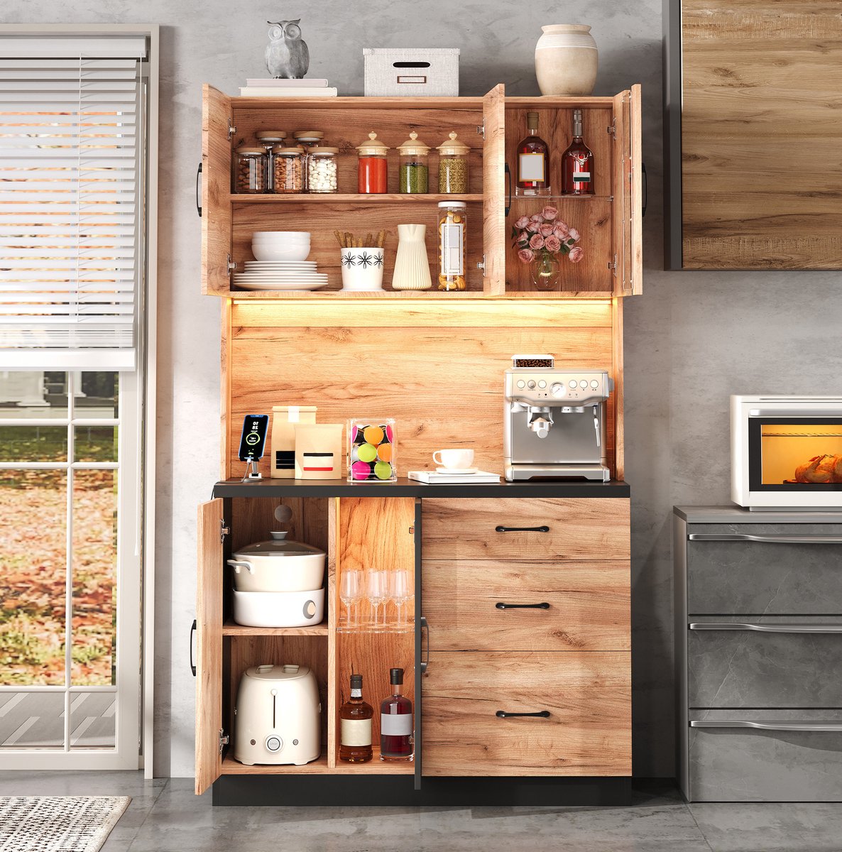 COVREO Keukenkast 105 x 40 x 180 cm zwart houtoptiek, MDF, LED verlichting