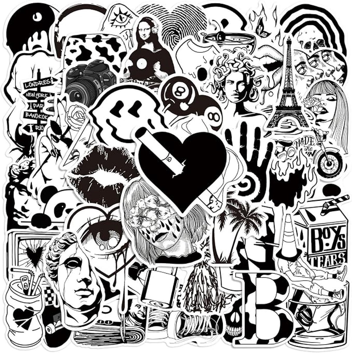 50 Zwart-Wit Stickers – Random Grafische Mix