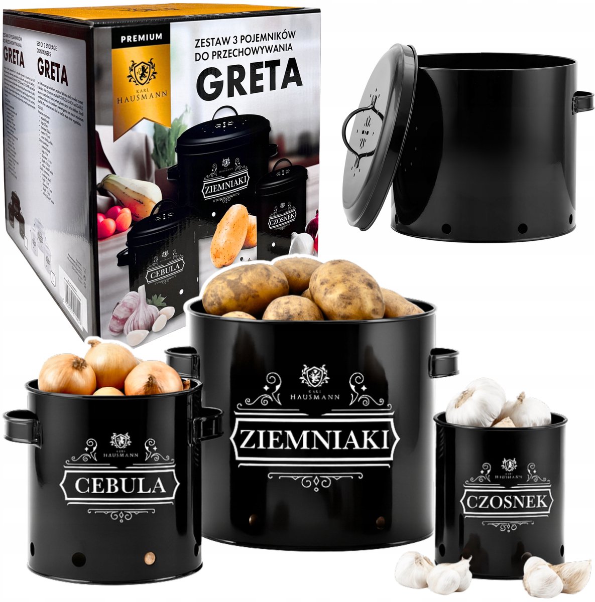 3x Keukenemmers voor Aardappelen, Uien & Knoflook - Zwart Metaal