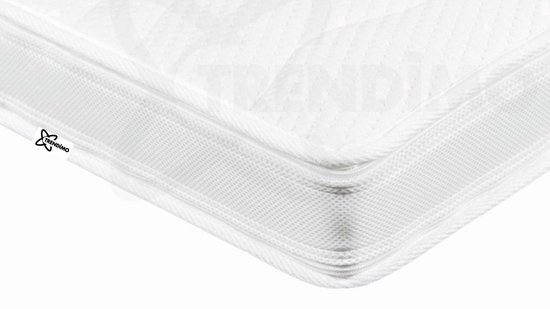 Surmatelas blanc avec un dessus matelassé et un côté à structure ouverte. Le logo Trendimo est visible.