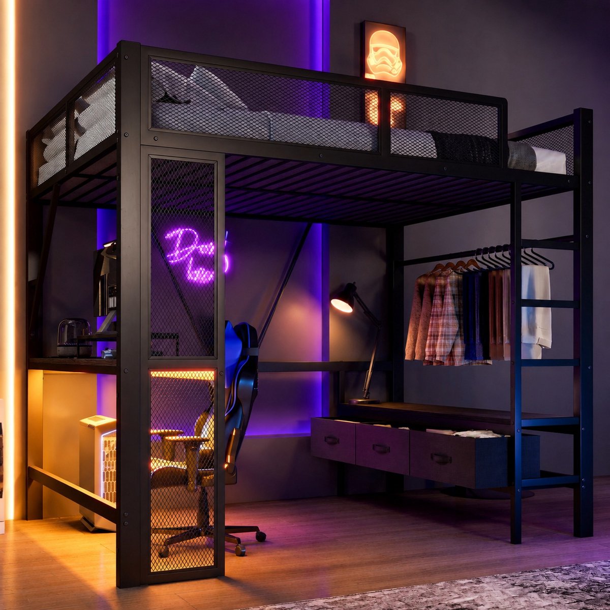 Wishdor Hoogslaper 140x200 cm - Met bureau, led en open kledingkast - Met 3 lades en ladder - Industrieel - Kinderkamer slaapkamer - Metaal - Zwart
