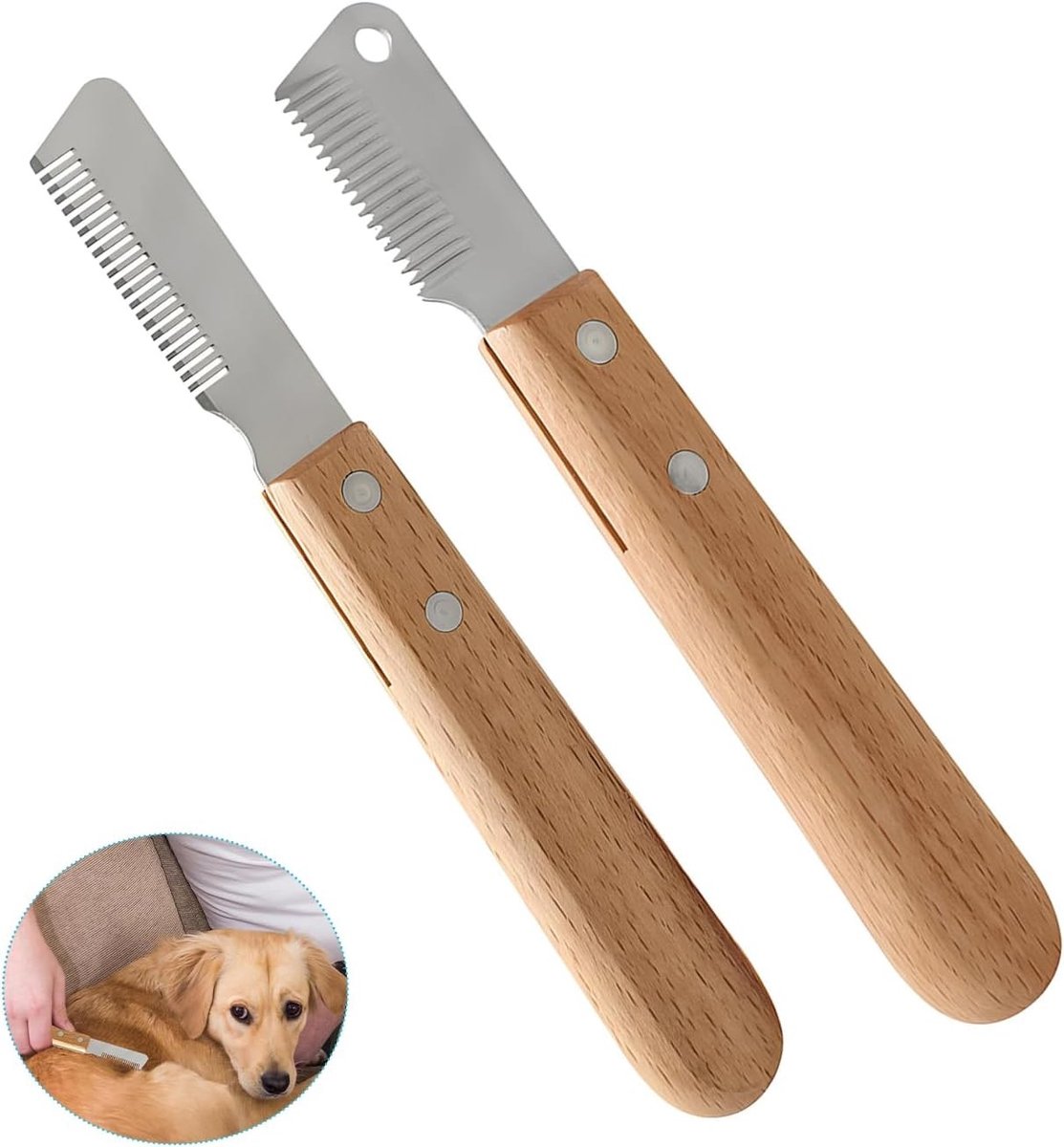 Professionele Trimmerset voor Honden en Katten, RVS Trimmer met Fijne en Grove Tanden, Ergonomisch Houten Handvat voor Gemakkelijk Knippen en Verzorging
