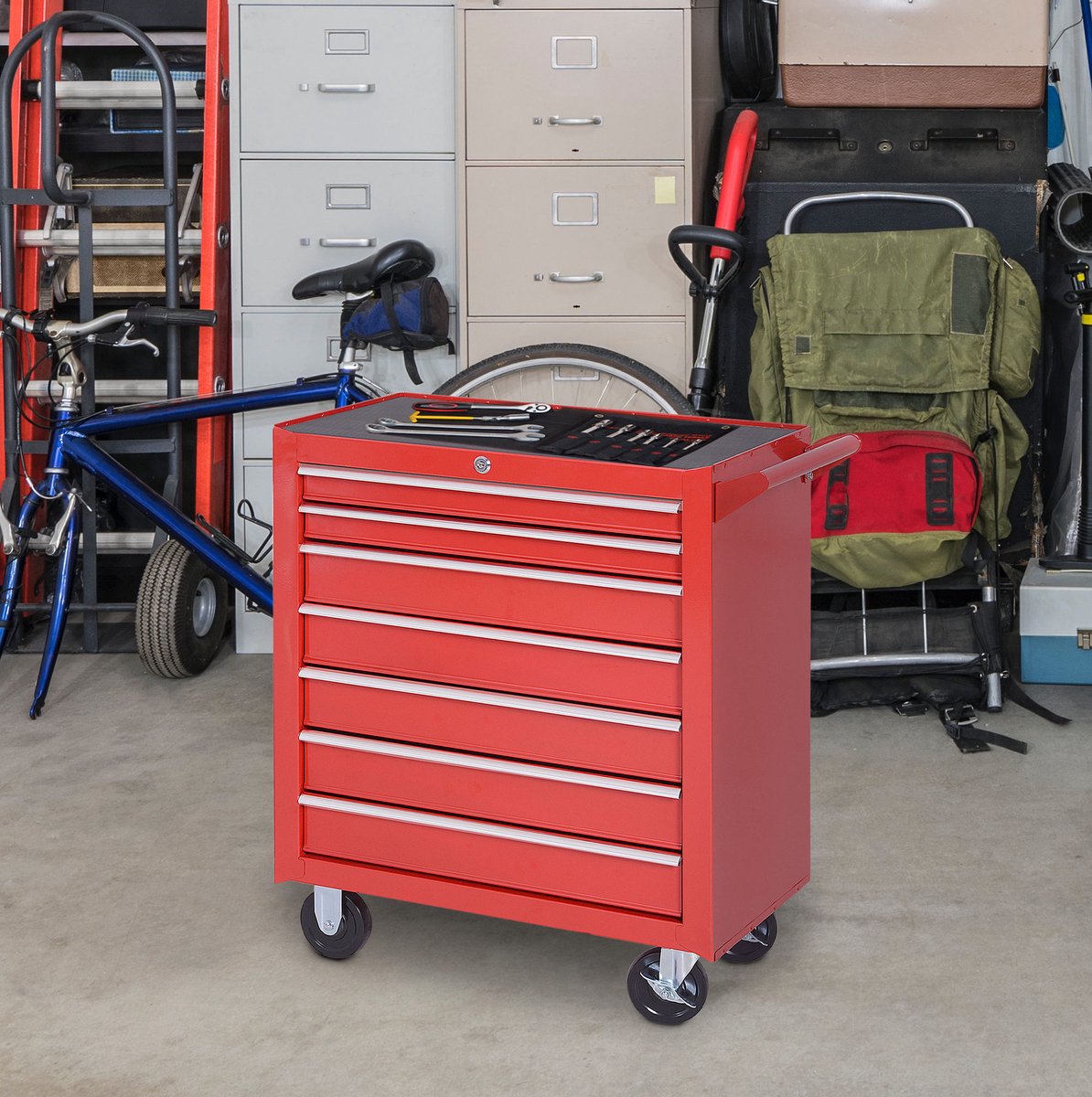 REDOM - Gereedschapskar - 7 lades - Afsluitbaar - Met vastzetrem en zijgreep - Mobiele werkplaatswagen - Staal - Rood - 69 x 33 x 75 cm
