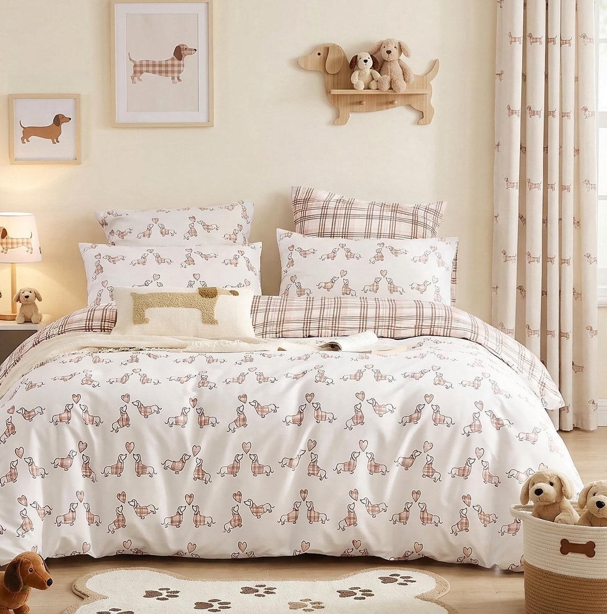 Elzusha - Dierenprint Dekbedovertrekset voor Kinderen - Teckel Bruin/Wit 135 x 200 cm