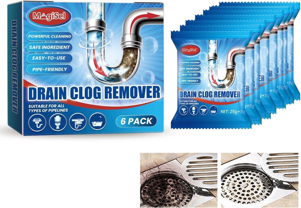 Krachtige Afvoerontstopper voor Keuken en Badkamer, Effectieve Reiniger voor Sinks, Siphons en Pijpen, Veilig voor PVC en Metalen Leidingen (6 Stuks)