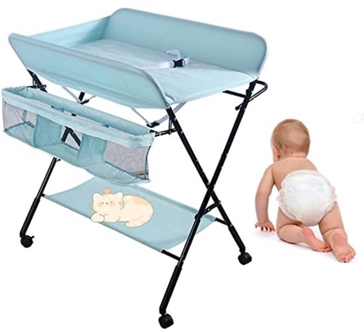 Opklapbare Verschoontafel voor Baby, Draagbare en Hoogte Verstelbare Luiertafel met Giraffe Patroon, 80 x 66 x 98 cm