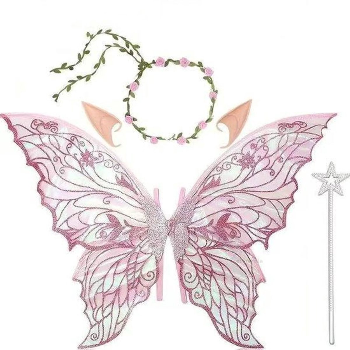 casalora - Elf Verkleedset - Feeënkostuumset - Inclusief Vleugels 72x55 cm,Toverstaf,Elfenoren,bloemenkrans - Verkleedkleding Accessoires - Ideaal voor cosplay, feestjes - Roze