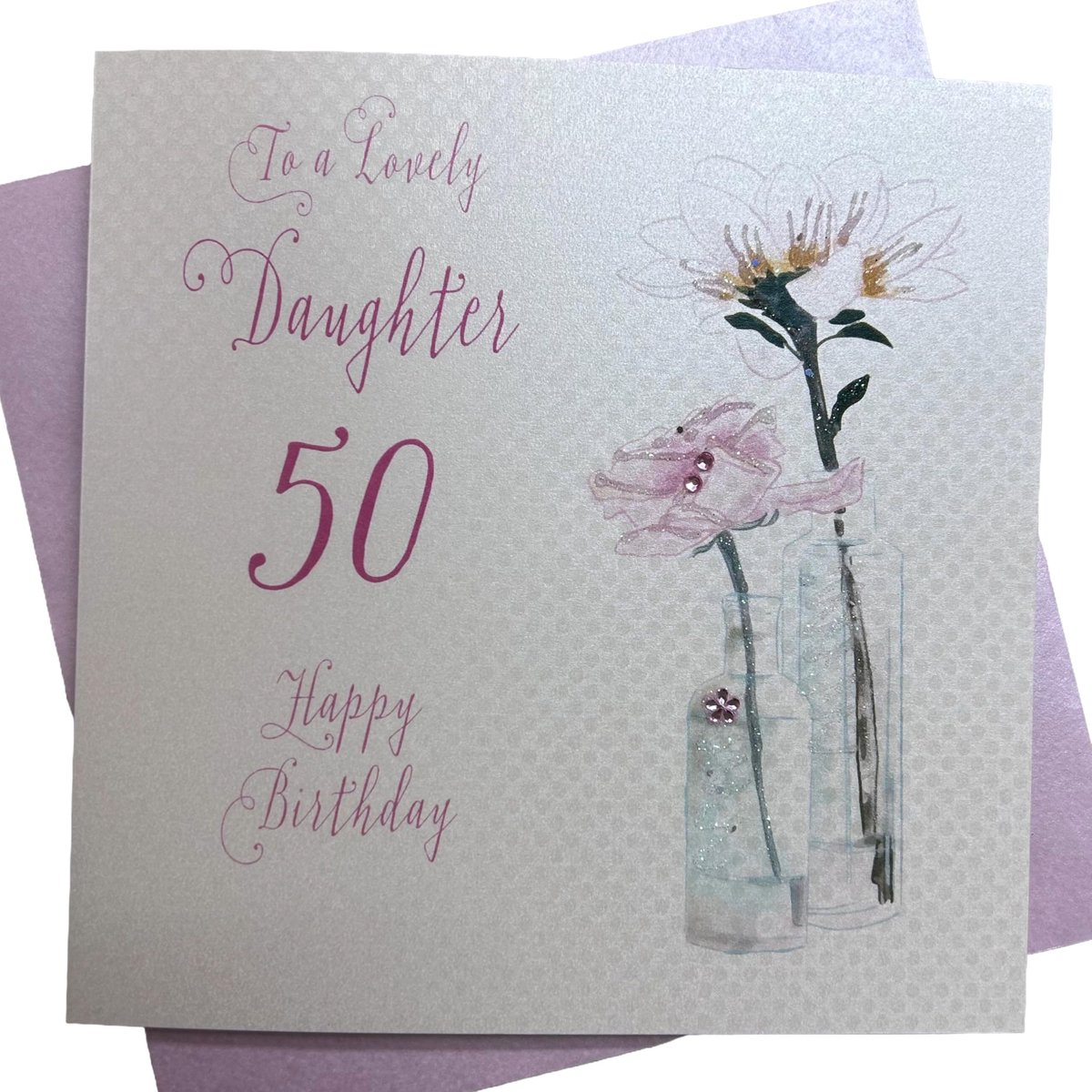 white cotton cards Paardebloem, Gelukkig Mooie Dochter 50" Handgemaakte 50e Verjaardagskaart, Wit, bd62-50 - ShopVlot