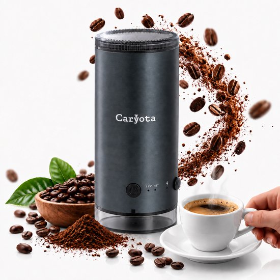 Donkere, compacte Caryota koffiemolen, omringd door koffiebonen en gemalen koffie. Een hand houdt een kopje koffie vast.