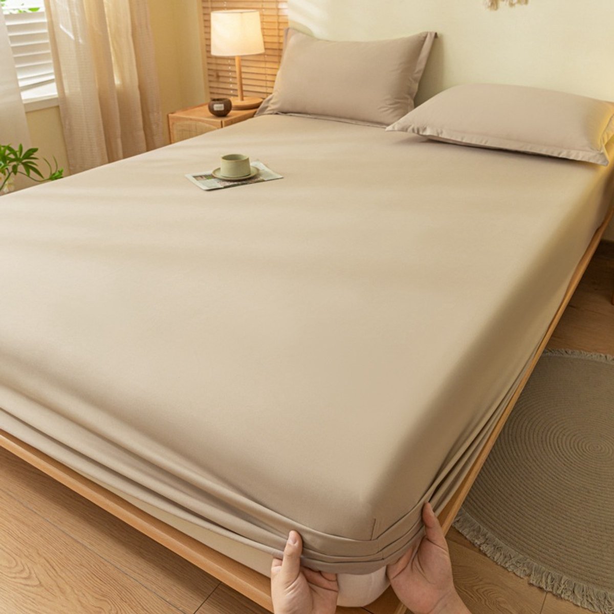 Hoeslaken, dekbedovertrek, effen katoenen sprei, matrashoes (1 stuk)-Khaki-140*200cm