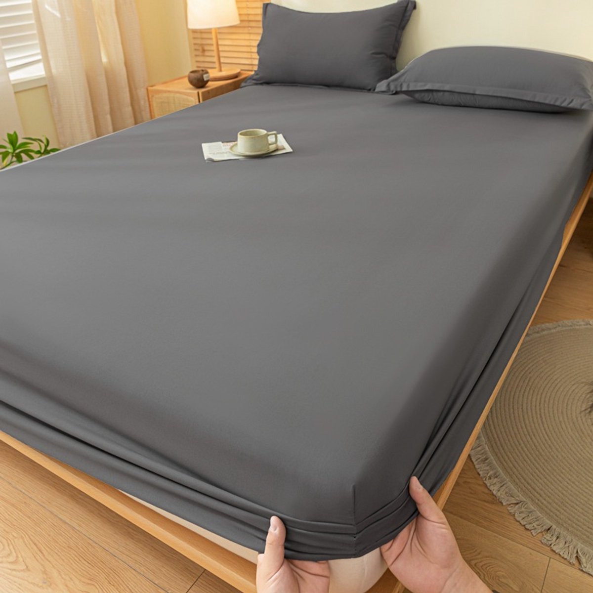 Hoeslaken, dekbedovertrek, effen katoenen sprei, matrashoes (1 stuk)-Zwart en grijs-137*190cm