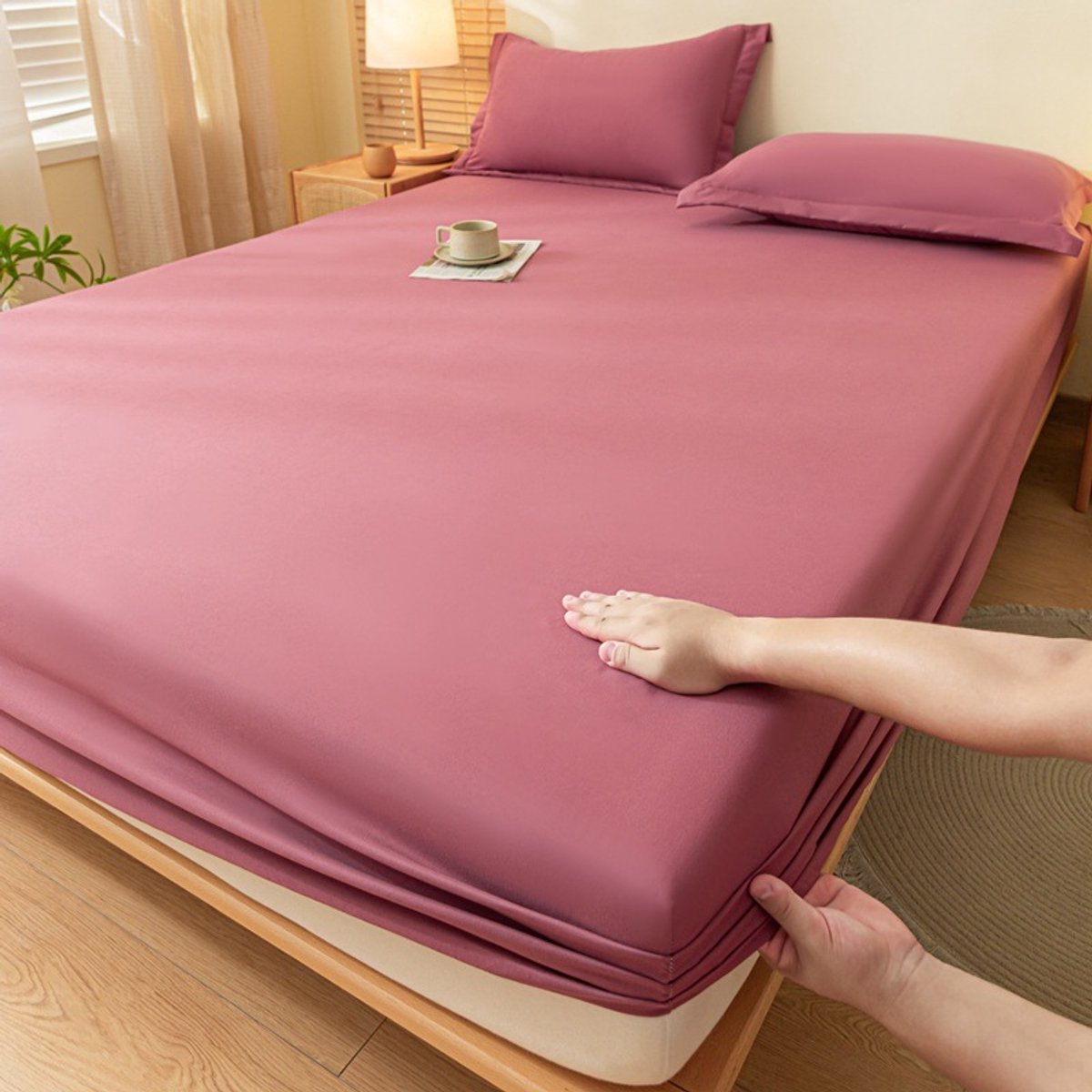 Hoeslaken, dekbedovertrek, effen katoenen sprei, matrashoes (1 stuk)-Diep rood met een vleugje bonenpasta-120*200cm