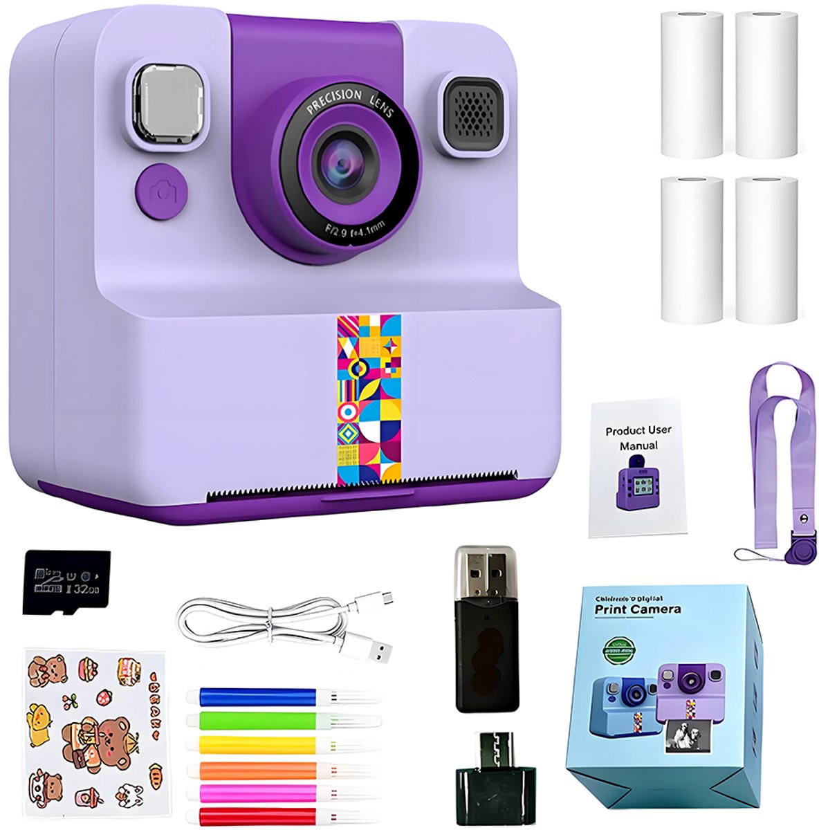 Digitale camera voor kinderen - 2,4 inch kleurenschermcamera - 1080p HD-video-opname - MP3-weergave - 5 ingebouwde spelletjes - Filters en kaders - 32 GB geheugenkaart - Thermische directprintfunctie - Direct printen - Paars