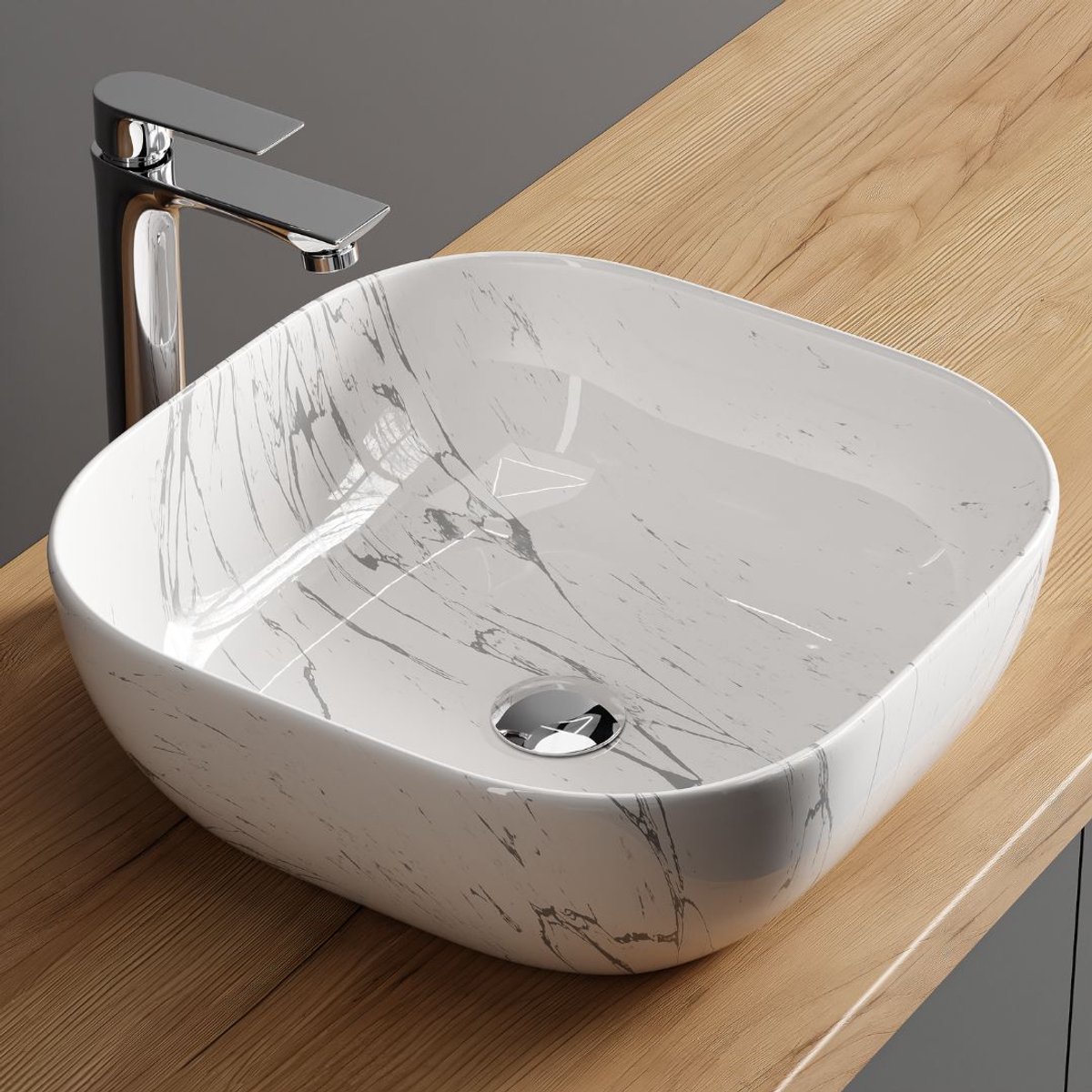 Planetmöbel Opzetwastafel 42 cm Wit Marmerlook Keramiek