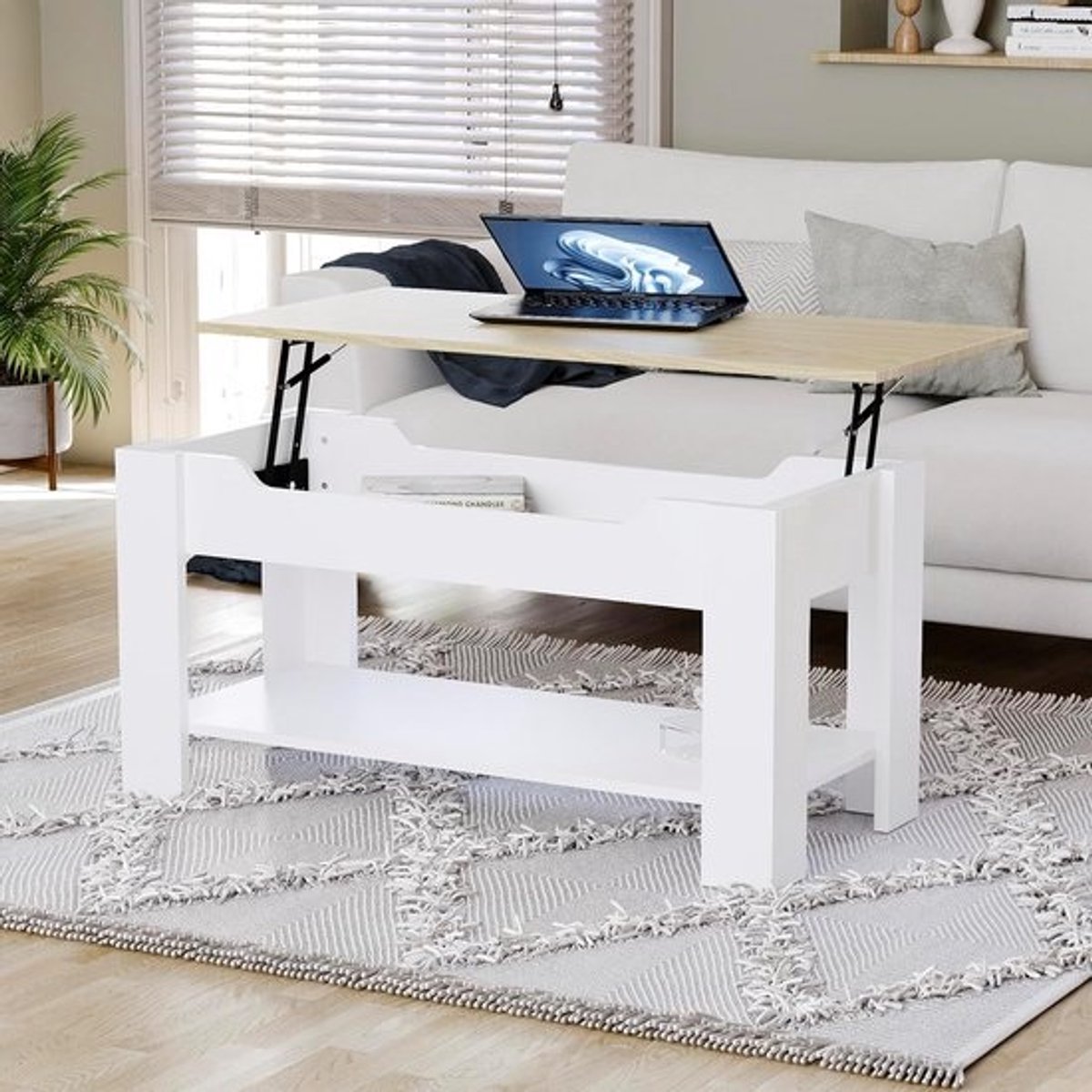 Opklapbare salontafel met verborgen opbergvak en extra schap - H 48-60 x L100 x B48 cm
