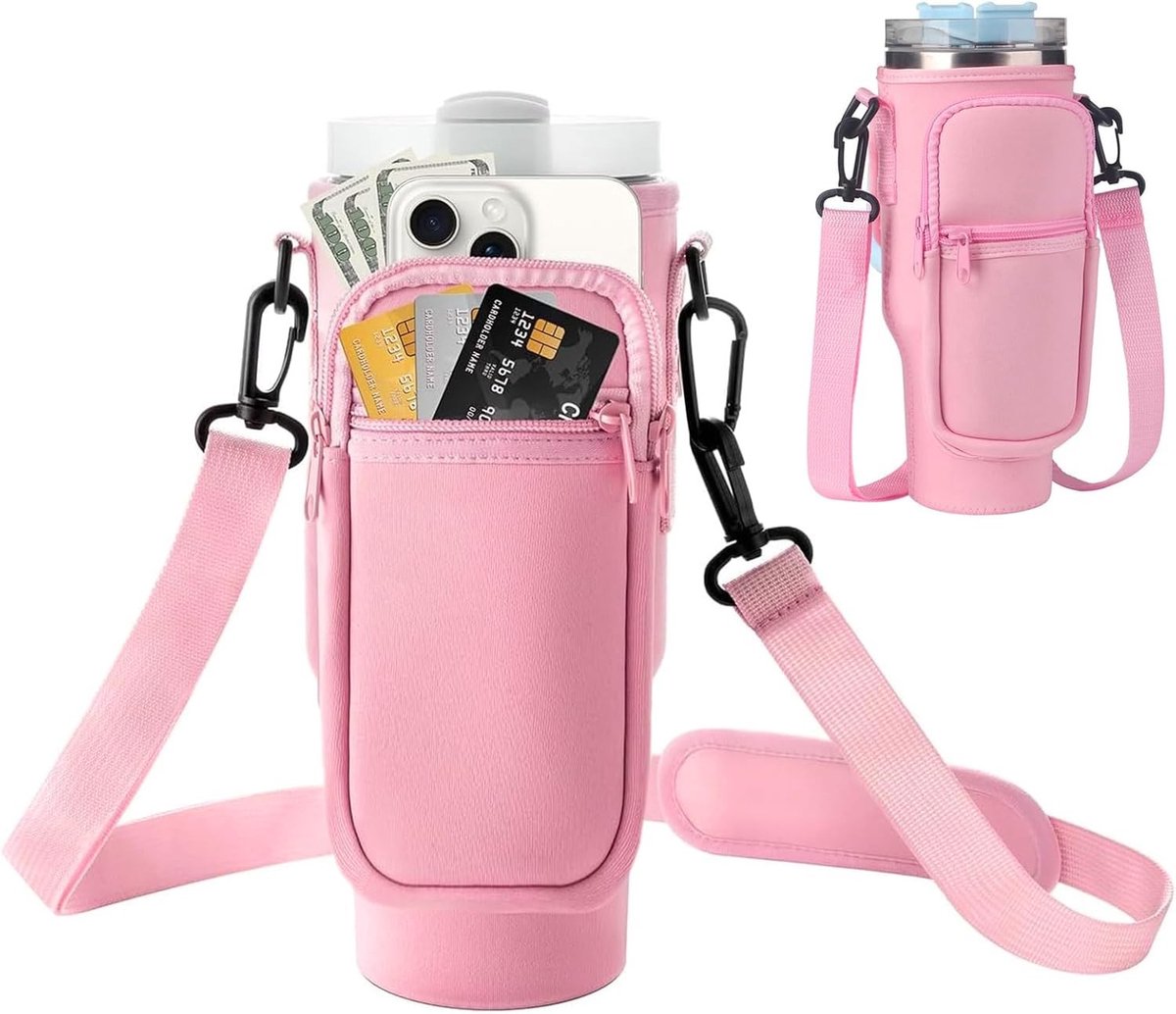 Schoudertas met mobiele telefoonvak, verstelbare schouderriem voor drinkfles, ideaal voor hardlopen, fietsen en kamperen, kleur: roze