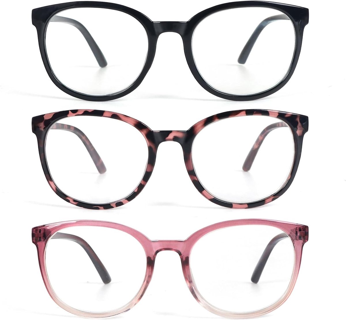 3 Pcs Dames Ronde Leesbrillen met Anti-Blauw Licht en Veerhengsels voor Modebewuste Lezers