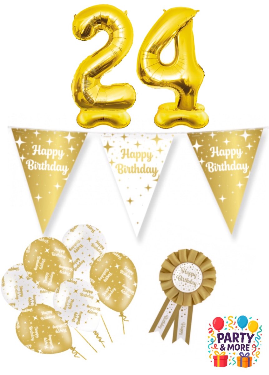 Party & More - 24 jaar - verjaardag versiering - ballonnen - slinger - cijferballon - Luxe Gouden Feestdecoratie Set – Compleet Pakket – versiering - verjaardag