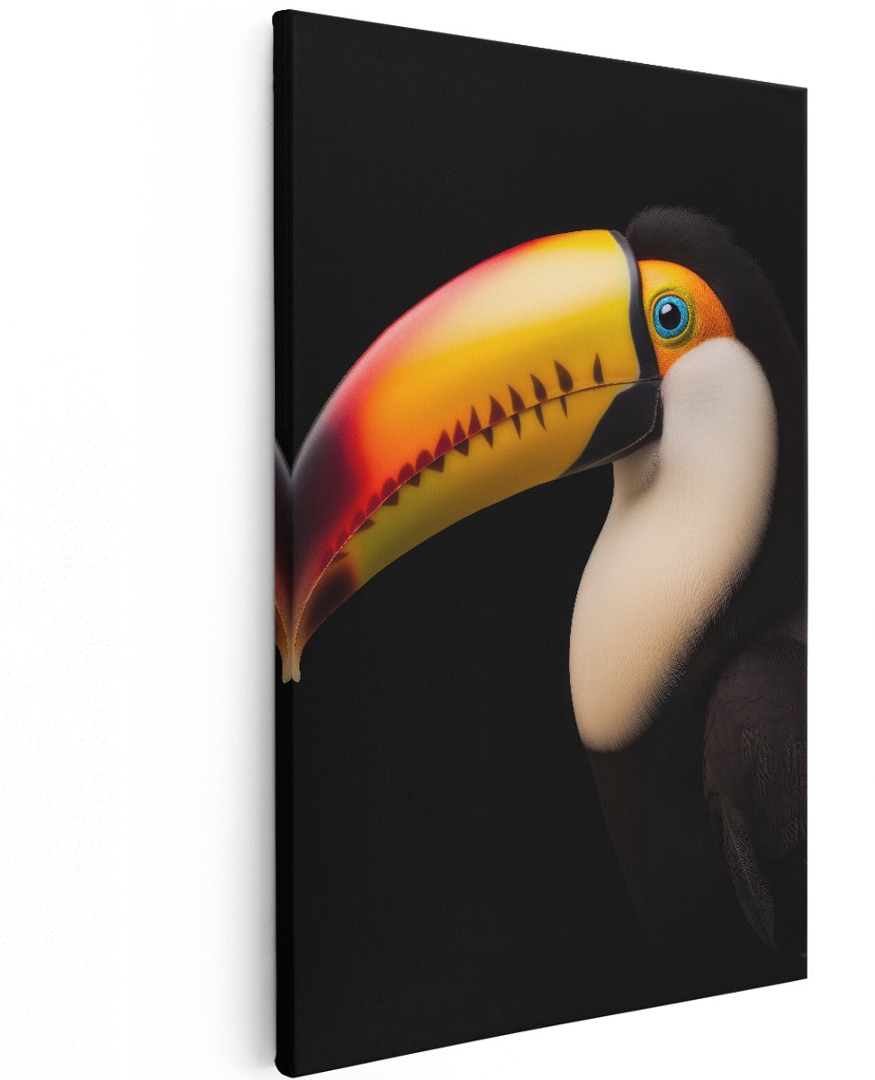 Artaza Canvas Schilderij Toekan - 100x150 cm - Groot - Wanddecoratie Vogels - Muurdecoratie Dieren - Decoratie Kleurrijk - Tropische Vogel Zwart