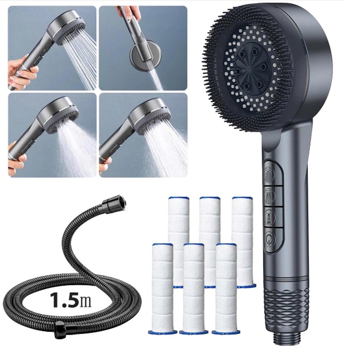 Douchekop met Slang-Regendouche met Douchefilter-Waterbesparende douchekop met 4 straalsoorten-Hoge druk handdouche-met stopfunctie-Shower Economy Douchekop voor Hard Water, Restchloor-Betere Huid