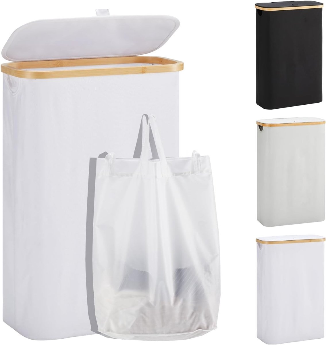 Vouwbare Witte Wasmand met Deksel van Bamboe, 48 Liter, Smalle Wascollector met Waszak en Hoog Ontwerp