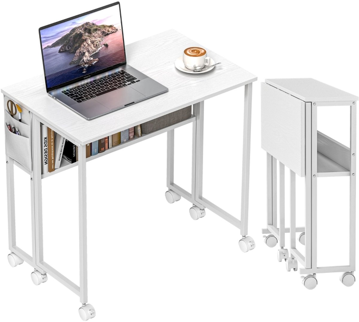 Bureau‑opklapbaar‑met schap‑opbergzak‑wielen‑wit