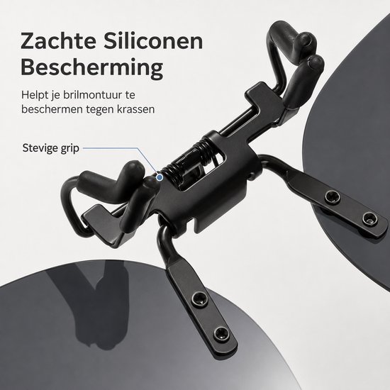 Zwarte clip-on zonnebril met zachte siliconen bescherming en stevige grip, die brillen beschermt tegen krassen.