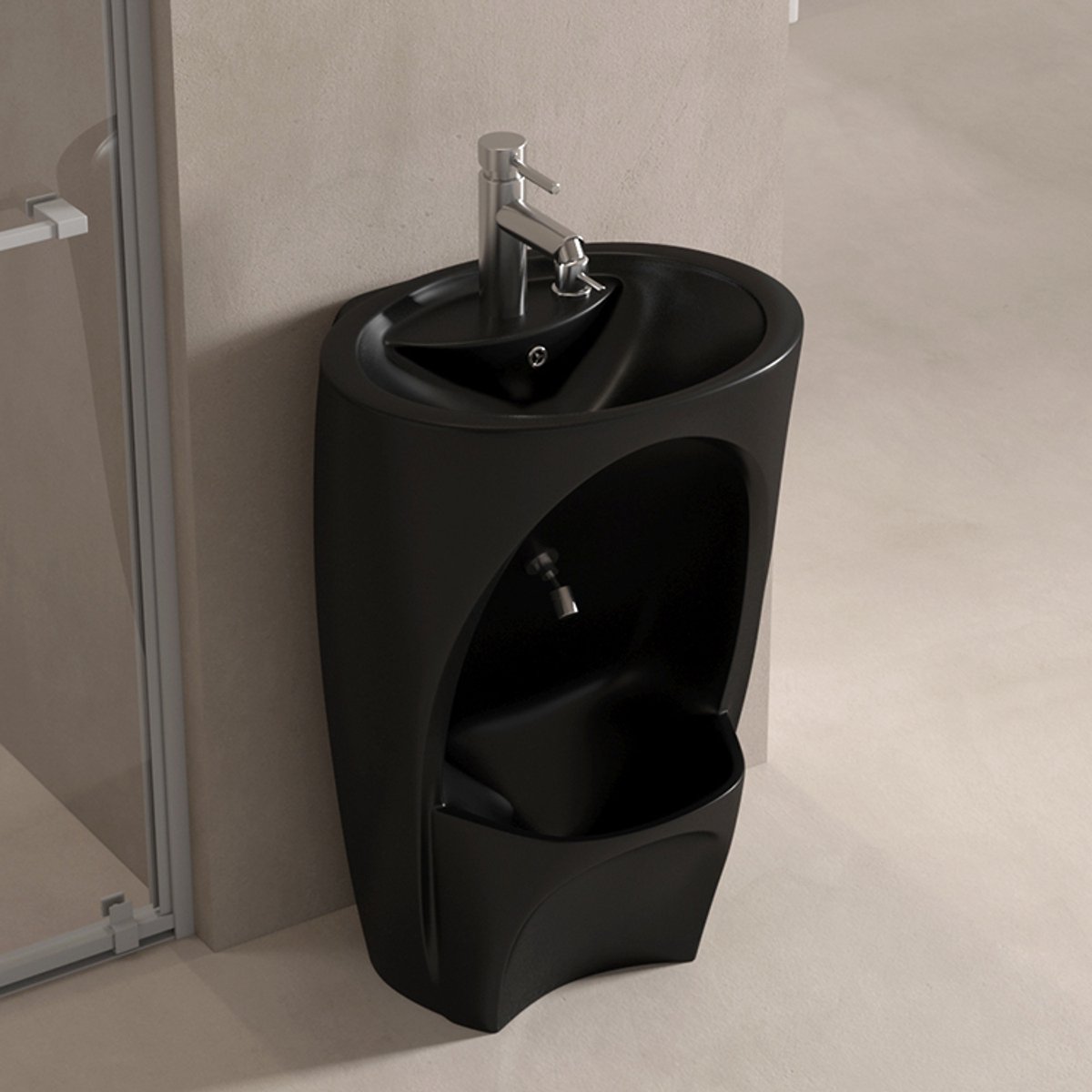 WEBO Ocean Hygiëne Fontein – Inclusief Kraan, Afvoer & Plug – Comfort Wasunit voor Handen & Voeten – Ideaal voor Ouderen & Mindervaliden (Wudu) - mat zwart