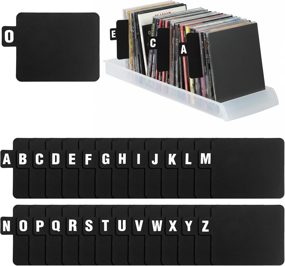 Set van 26 Grammofoonplaat Scheiders voor Planken, A-Z Indeling, CD Houder, Indexkaarten en Organiser voor Albums en Bestanden in Zwart