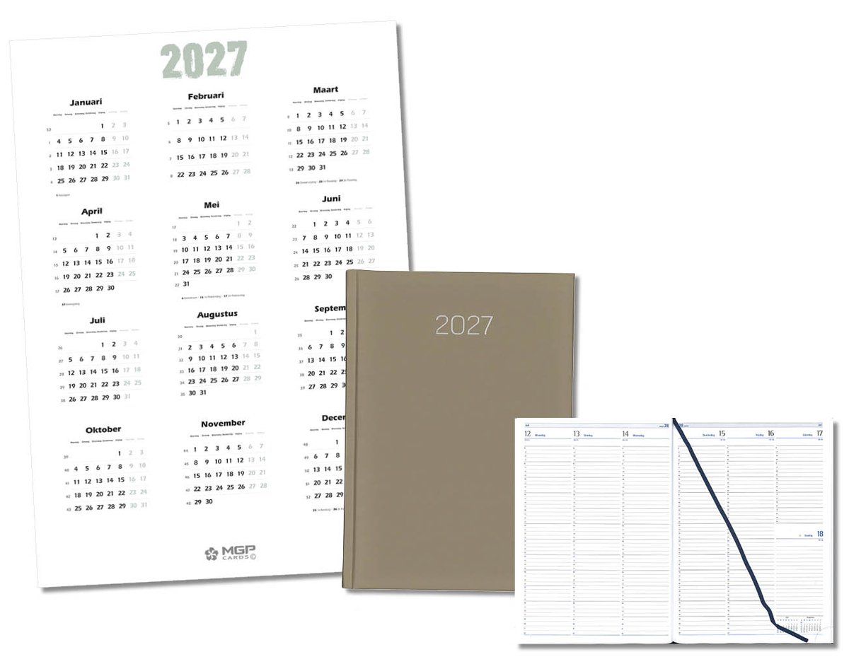 MGPcards - Bureau Week-agenda 2027 - H46 - A4 - 1 week 2 pagina's - Nederlandstalig - Gewatteerde omslag - 21 x 30 cm - Mat Taupe + Jaar kalender - Kalender 2027 - Wandplanner - Jaarplanner - Grote planner - A2 formaat - Poster - 42 x 59,4 cm