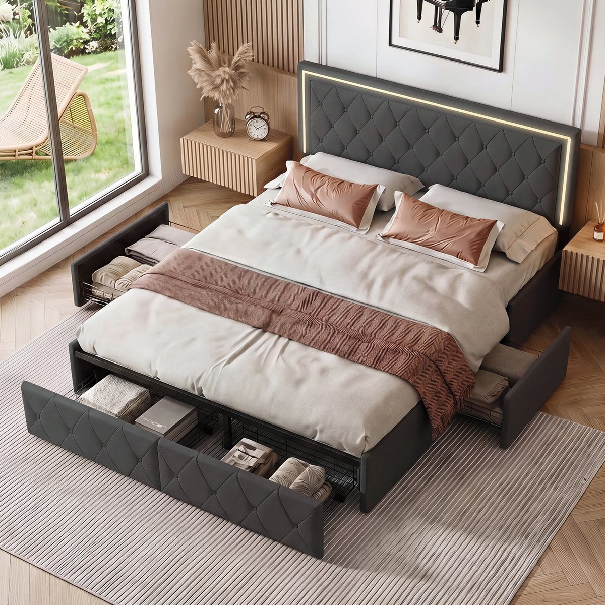 Gestoffeerd bed 140x200 cm met LED-verlichting, Tweepersoonsbed met 4 opberglades, bedframe met lattenbodem, 2-persoonsbed, matras niet inbegrepen, PU, Grijs