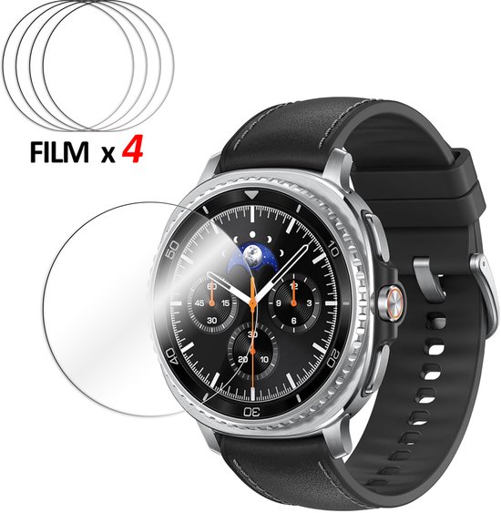 Vier ronde TPU screenprotectors, 'FILM x4' staat erop. Een van de protectors ligt op de smartwatch.