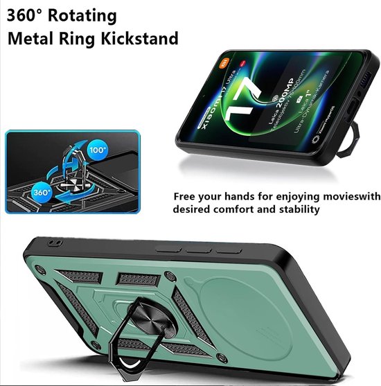 Beschermende Hoes voor Xiaomi 17 Ultra 5G met Schuiflens en Draaibare Stand + 2 Stuks Tempered Glass, Schokbestendig en Militaire Kwaliteit Groene Hard Shell Cover — afbeelding 4