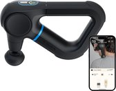 Zwarte Theragun Prime en smartphone met Therabody app die een nekbehandeling toont.