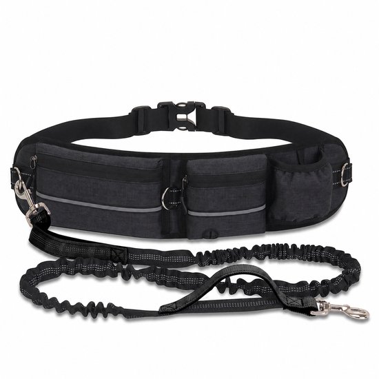 Zwarte heuptas met dubbele voorzakken, een zijvak en een verstelbare riem, met een elastische hondenriem.