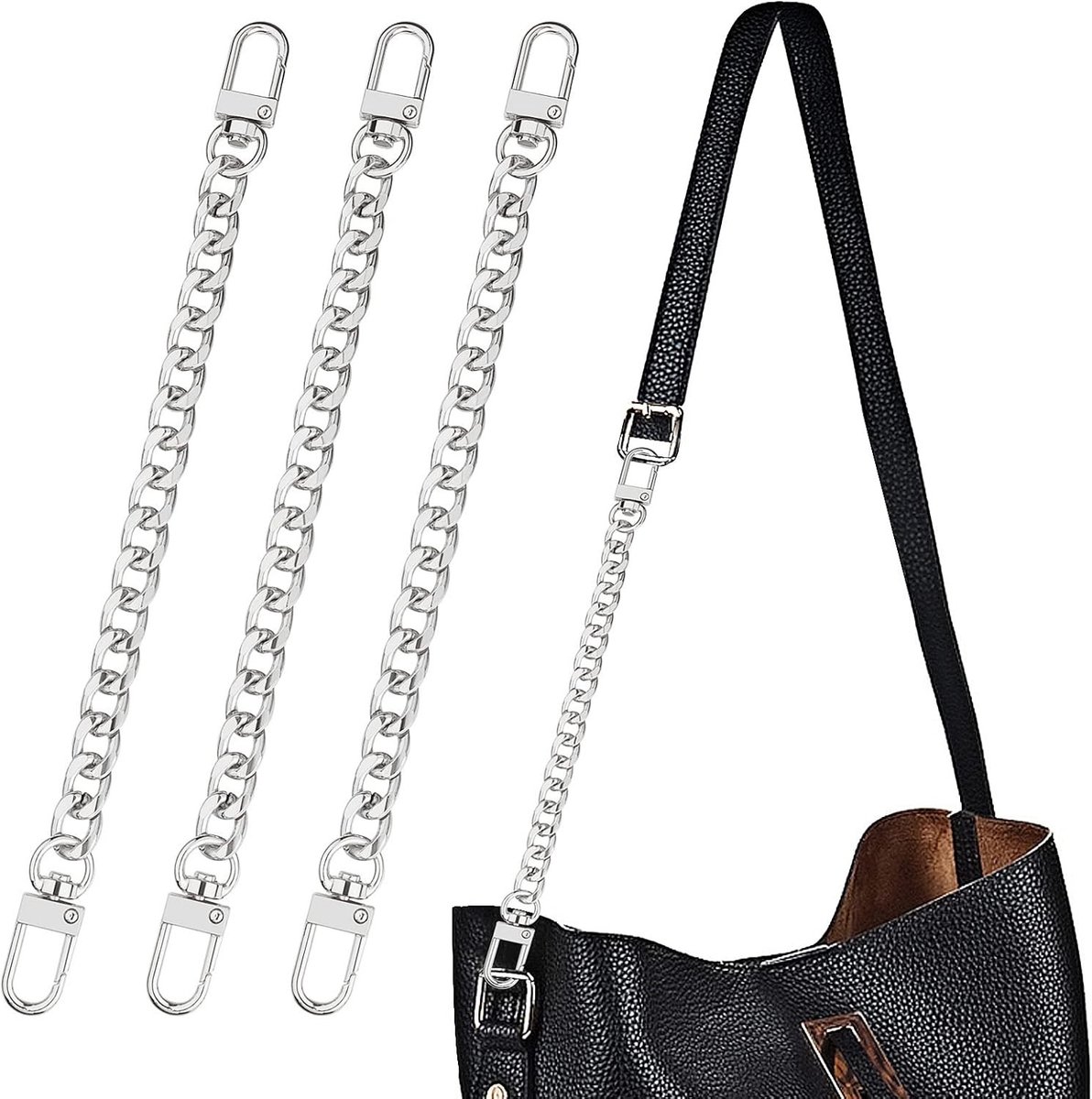 3 Stuks Wallet Chain Strap 20cm DIY Handtas Portemonnee Riemverlenging met Metalen Gespen voor Handtassen en Schoudertassen (Zilver)