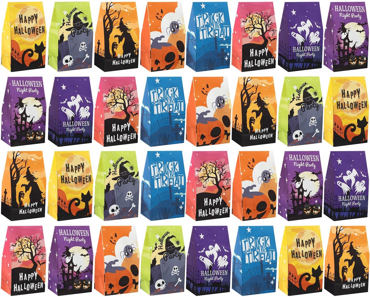 Solidchoice- Snoepzakjes 32 Stuks - Halloween Geschenkzakjes - Papieren Puntzakjes - Snoepgoed met Stickers - Trick or Treat - Kleine Snoepzakjes - Feestzakjes