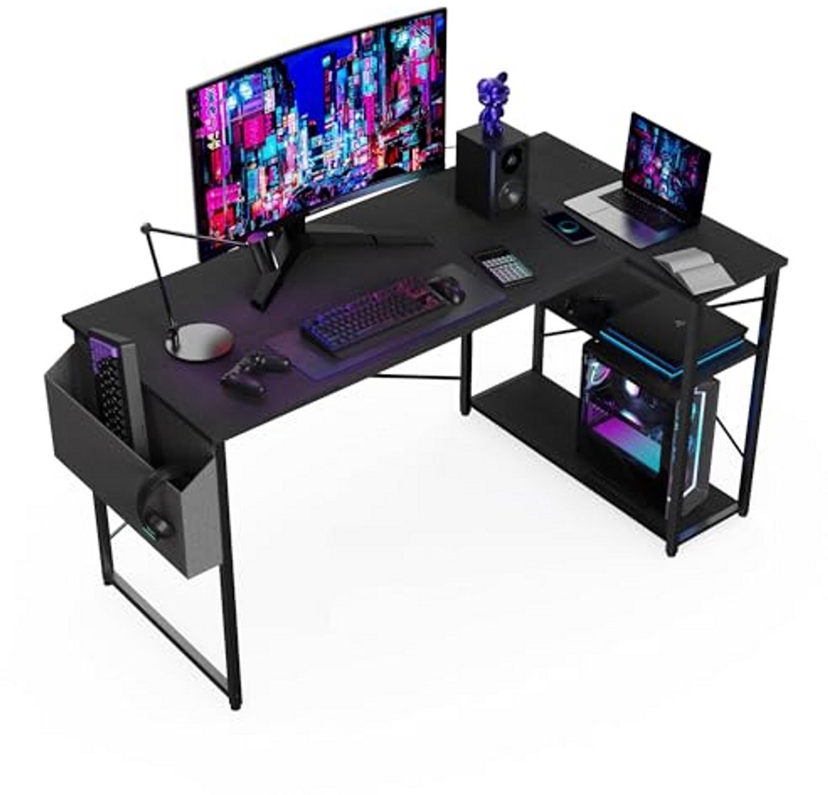 L-vormig Bureau 120 x 70 cm, Hoekbureau met Omkeerbare Opbergrekken, Computerbureau voor Gaming, Studeren en Werken, Thuis en Kantoor