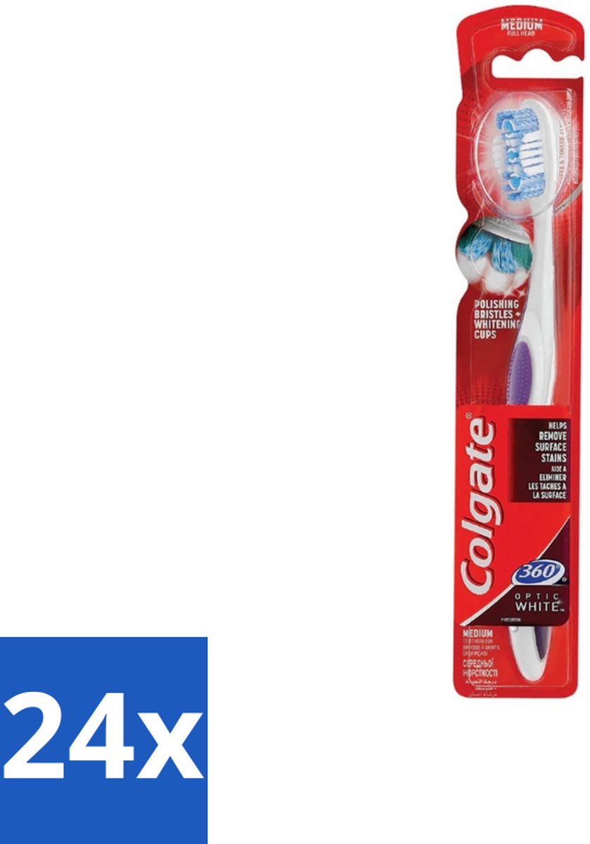 24 x Colgate - Tandenborstel - 360 Optic White Medium- Wit - 1 Tandenborstel - Tandenborstel - Wittere Tanden - Mondverzorging - Tanden Reinigen - Tong Reinigen